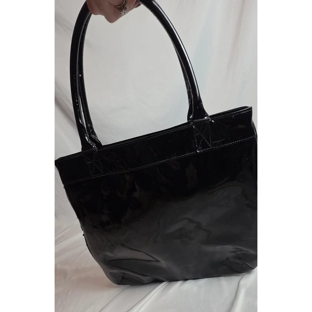 Black Rosette Floral Tote Bag Patent Trim Whimsigoth Gothic Romance Coquette